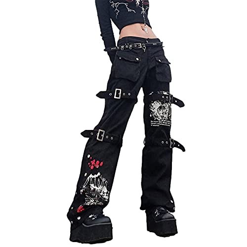 Madger Y2K Pantalones vaqueros de cintura alta para mujer sueltos pierna ancha pantalones de mezclilla con estampado gráfico y pantalones de carga holgados góticos oscuro punk Streetwear Negro M